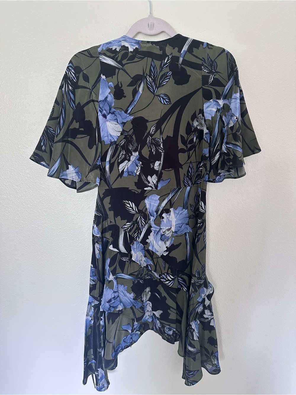AllSaints Olive and Blue Floral High-Low Wrap Dress - Picture 5 of 6